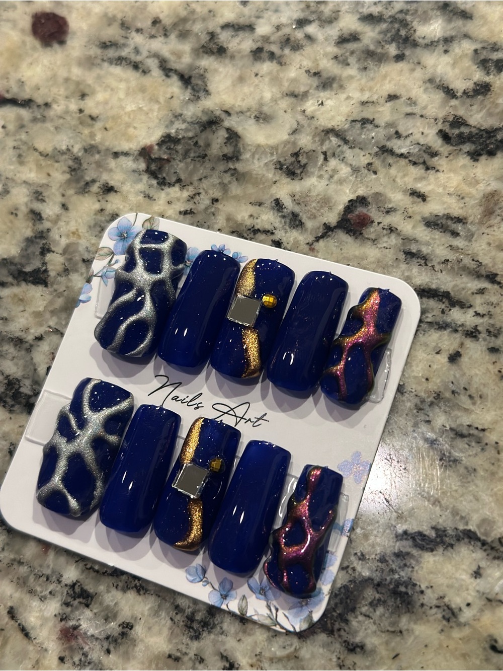 10 (MEDIUM) Short coffin press-on navy blue nail set with gold, silver purple